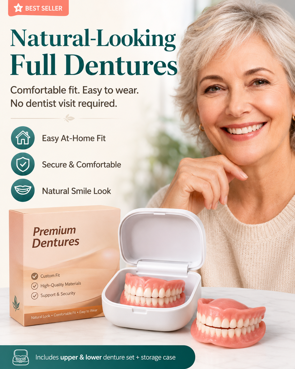 Natural-looking full upper and lower denture set
