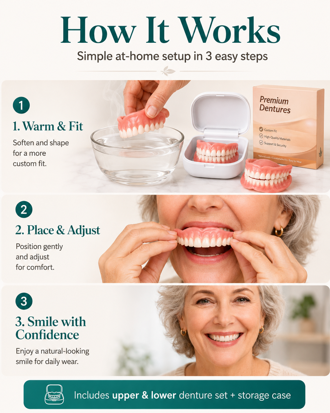 Three-step at-home denture fitting process