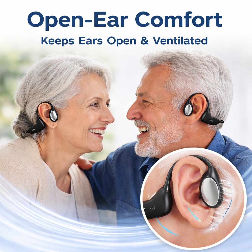 Older couple wearing open-ear KLENIMORE hearing devices